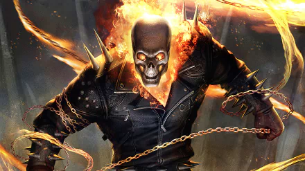 HD PC desktop wallpaper featuring the comic character Ghost Rider with a flaming skull and fiery chains in a dark, intense scene.