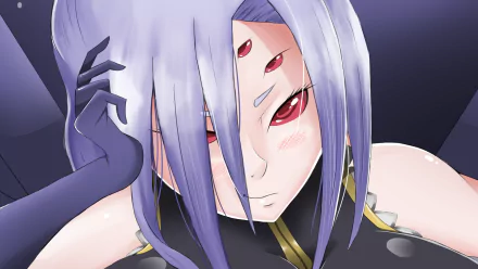 HD anime desktop wallpaper featuring Rachnera Arachnera from Monster Musume, showcasing her distinctive multi-eyed face and purple hair in a close-up portrait.