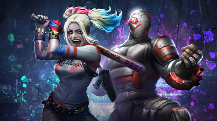 2K Quad HD PC desktop wallpaper: Harley Quinn brandishing a bat beside armored Deadshot in a neon-drenched Injustice 2 video game action scene.