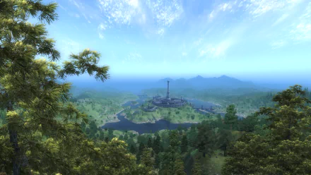 4K Ultra HD desktop wallpaper showcasing a scenic landscape from The Elder Scrolls IV: Oblivion, featuring lush forests and a distant tower under a bright blue sky.