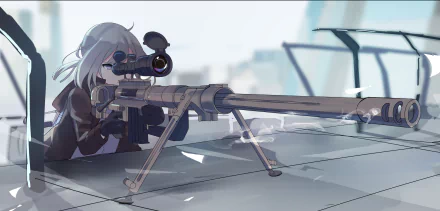 M200 from Girls Frontline aims through a high-powered sniper rifle in this 4K Ultra HD PC desktop wallpaper inspired by the video game Girls Frontline.