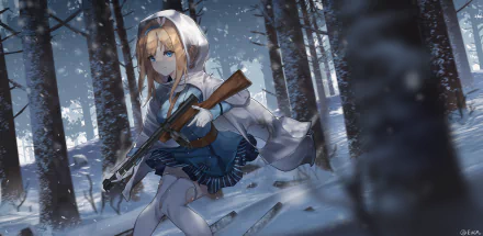 Suomi (Girls' Frontline) kneels in a snowy pine forest, gripping her SMG — 4K Ultra HD PC desktop wallpaper and Girls' Frontline video game artwork.