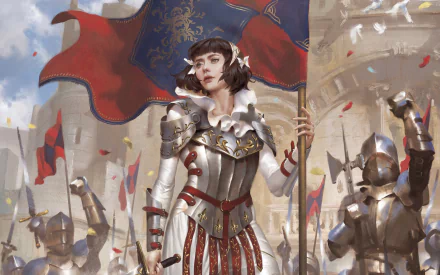 HD fantasy desktop wallpaper featuring a short-haired brown-haired woman warrior resembling Joan of Arc, clad in knight's armor holding a banner amid armored soldiers.