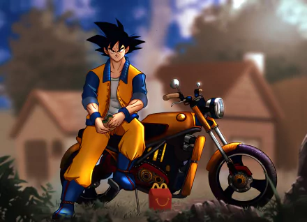 Goku from Dragon Ball sits confidently on an orange motorcycle in a detailed 4K Ultra HD anime-style desktop wallpaper.