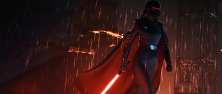 The Second Sister from Star Wars Jedi: Fallen Order stands wielding a red lightsaber in the rain, captured in a dramatic 4K Ultra HD video game wallpaper.