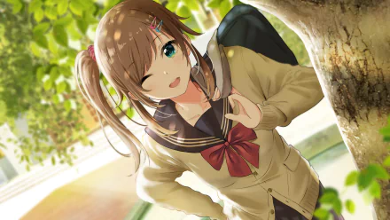 HD Anime wallpaper featuring an original character. A cheerful girl with a ponytail winks while posing near a tree in a sunny outdoor setting.