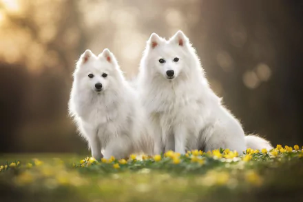 Two white Spitz dogs sit among yellow flowers with a soft bokeh background, showcasing depth of field in this HD desktop wallpaper.