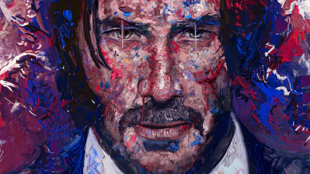 HD PC desktop wallpaper featuring a colorful, abstract portrait of Keanu Reeves as John Wick from the movie series.
