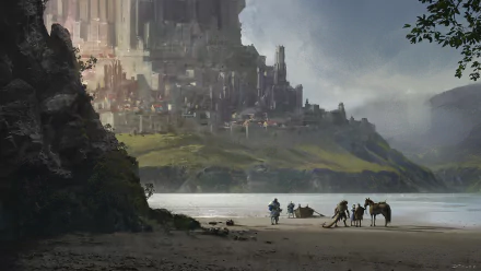 A fantasy HD PC wallpaper depicting a serene river scene with a boat, horses, and a majestic castle in the background under a cloudy sky.