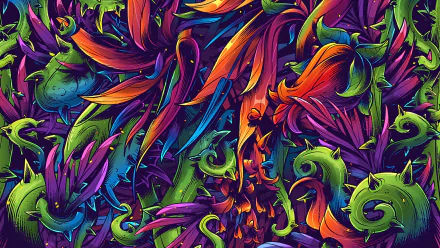 HD desktop wallpaper featuring an artistic, colorful portrayal of a dense, imaginative forest with abstract, vivid leaves and plants in shades of green, purple, and orange.