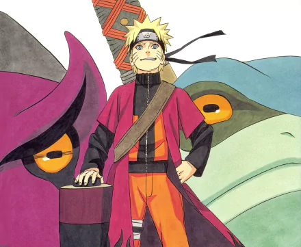 Naruto Uzumaki stands between two giant toads — Gamaken (purple) and Gamahiro (green) — in a vibrant anime HD PC desktop wallpaper.