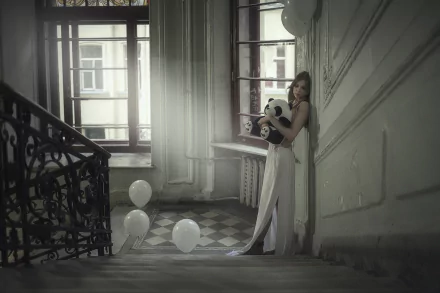 stuffed animal white dress model woman mood HD Desktop Wallpaper | Background Image