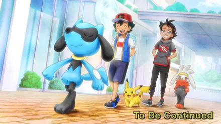 Ash Ketchum and Goh walk with their Pokémon Pikachu, Riolu, Raboot, and Cap in a bright anime-style HD desktop wallpaper.
