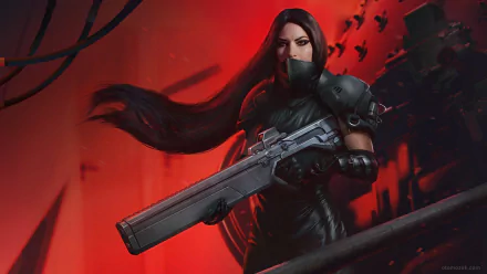 Sci-fi woman warrior with long black hair and a face mask, wielding a heavy futuristic weapon against a red, high-contrast backdrop — HD PC desktop wallpaper and background.