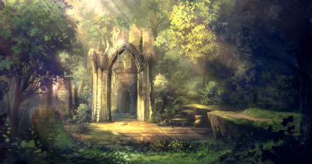 Fantasy-themed HD PC desktop wallpaper depicting ancient, overgrown ruins bathed in soft sunlight within a lush, mystical forest.