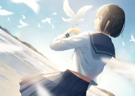 Anime original 2K Quad HD desktop wallpaper: short-haired schoolgirl in a sailor school uniform holds a white bird while others soar across a sunlit sky — anime bird background.
