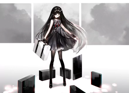 Original anime HD PC desktop wallpaper/background: long-haired girl in a black dress with an eye patch, holding a striped box while standing among dark rectangular blocks on a pale minimalist backdrop.