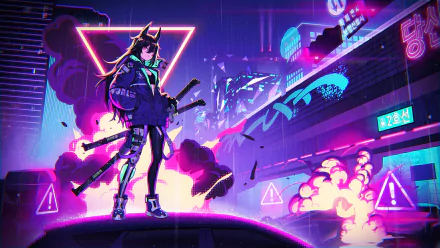 A high-definition anime wallpaper featuring an original character standing on a car amidst a vibrant, futuristic cityscape illuminated by neon lights and holographic signs, with explosions in the background.