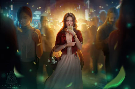 4K Ultra HD PC desktop wallpaper: Aerith Gainsborough from the video game Final Fantasy VII Remake stands in a glowing city crowd, clutching a flower as petals drift around her.