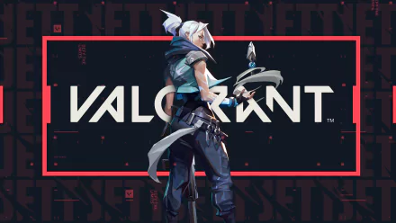 Jett (Valorant) stands with knives and wind effects before a bold VALORANT logo — 4K Ultra HD PC desktop wallpaper and video game background.