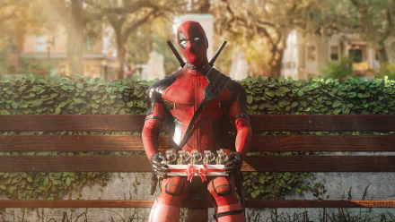 4K Ultra HD PC desktop wallpaper: Deadpool in red suit sits on a park bench with katanas on his back, holding a chain of small skulls against a sunlit, leafy background.