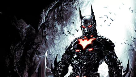 4K Ultra HD PC desktop wallpaper/background: DC Comics Batman Beyond comic art — armored black-and-red futuristic Batman with glowing red emblem, perched amid bats and moonlit ruins.