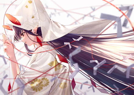 Original anime 2K Quad HD PC desktop wallpaper and background, long-haired girl in a white kimono with a fox mask, red ribbons and floating ofuda papers drifting around her.