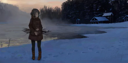 Anime character with short hair standing by a snowy lake with a house and forest in the background. The scene exudes a tranquil winter atmosphere, making for a beautiful HD desktop wallpaper.
