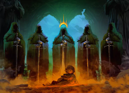 HD desktop wallpaper featuring a hobbit confronting five Nazgûl wielding swords in a fantasy setting from The Lord of the Rings, with vibrant, dark colors creating a dramatic and eerie atmosphere.