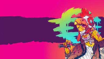 Hotline Miami video game HD PC desktop wallpaper: neon pink-to-orange background with a colorful, grungy rooster-masked character clutching a bat-like weapon amid paint-splatter strokes.