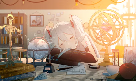 A 4K Ultra HD anime wallpaper of Hatsune Miku from Vocaloid, depicted asleep on a desk surrounded by scientific instruments and books in a warmly lit room.