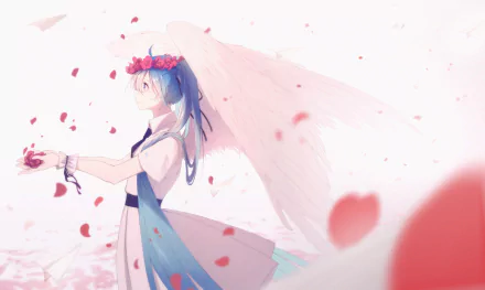 Hatsune Miku in a pastel wedding dress with a flower crown and flowing veil, reaching out as rose petals float around her — anime Vocaloid 2K Quad HD PC desktop wallpaper.