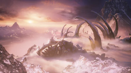 HD PC desktop wallpaper featuring a misty, mountainous landscape with colossal bones and a sunset, inspired by the video game Gears of War 5.