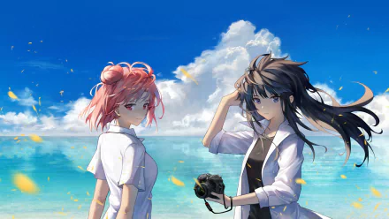 HD desktop wallpaper featuring Yukino Yukinoshita with black hair and Yui Yuigahama with pink hair by the ocean, from the anime My Youth Romantic Comedy Is Wrong As I Expected.