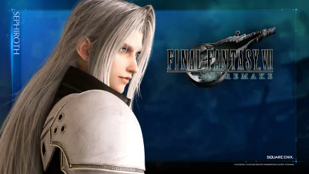 HD desktop wallpaper featuring Sephiroth from Final Fantasy VII Remake with game logo and blue background.