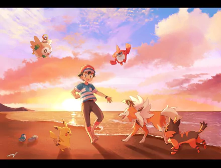 Ash Ketchum is at the beach during sunset with his Pokémon friends Pikachu, Lycanroc, Rowlet, and Rotomdex. Ash is barefoot, wearing a cap and is surrounded by a vibrant, colorful sky.