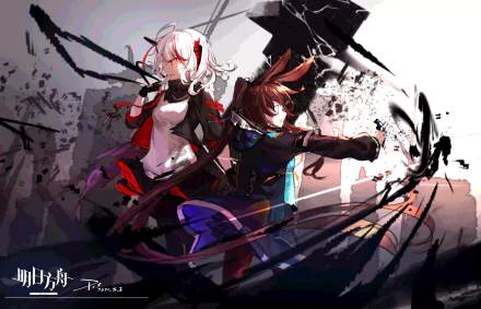 4K Ultra HD Arknights PC wallpaper featuring characters W and Amiya in dynamic poses with dark, stylized brushstroke effects and a dramatic backdrop.