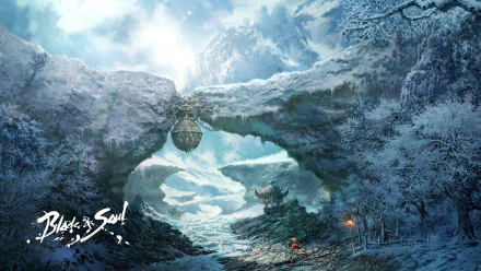 Video game Blade & Soul 2K Quad HD PC desktop wallpaper and background: a snow-covered mountain pass with a natural stone arch over an icy pool, distant pagoda and lone red-clad warrior.