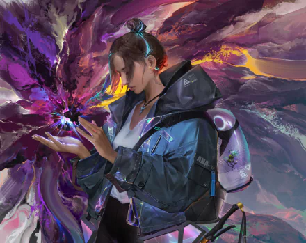 HD PC desktop wallpaper/background: a brown‑haired woman in a futuristic jacket conjures glowing purple energy against a surreal, crystalline fantasy landscape.