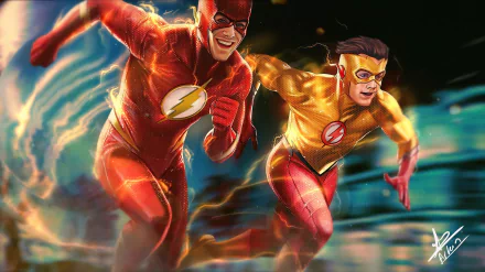 HD PC desktop wallpaper featuring Barry Allen and Wally West as Kid Flash in dynamic action from DC Comics, capturing the energy of the Flash universe.
