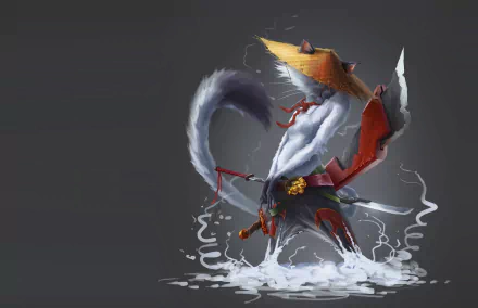 HD PC desktop wallpaper: a fantasy samurai warrior with a sword and straw hat rising from swirling water and ethereal mist against a dark background.