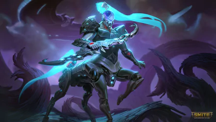 Chiron (Smite) centaur archer in glowing blue armor draws his bow amid shadowy ruins — Smite video game art, 4K Ultra HD PC desktop wallpaper and background.