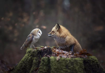 HD desktop wallpaper featuring a serene scene of a fox and an owl facing each other on a moss-covered tree stump in a forest setting.