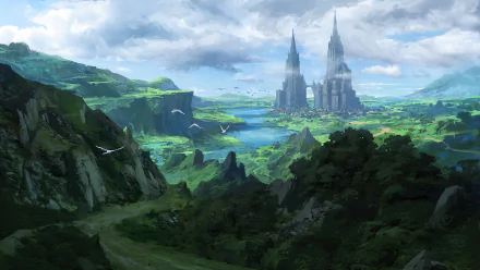 HD fantasy wallpaper featuring a majestic castle with twin spires amidst lush greenery, mountains, and a serene river.