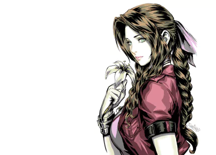 HD PC desktop wallpaper of Aerith Gainsborough from Final Fantasy VII Remake, featuring detailed artwork from the iconic Final Fantasy video game series.