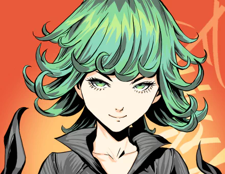 Close-up anime portrait of Tatsumaki (One-Punch Man) with swirling green hair and green eyes, confident smirk against an orange HD desktop wallpaper background.