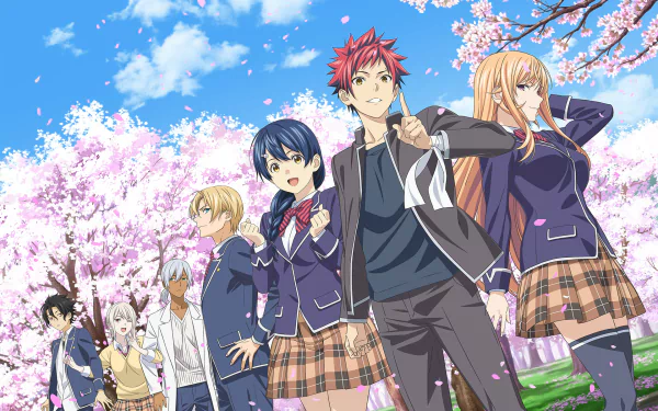 HD anime wallpaper featuring Akira Hayama, Ryō Kurokiba, Alice Nakiri, Takumi Aldini, Megumi Tadokoro, Sōma Yukihira, and Erina Nakiri from Food Wars: Shokugeki no Soma under cherry blossoms.
