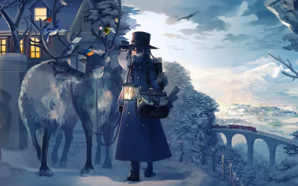 Anime winter scene featuring a lantern-holding character beside reindeer in a snowy landscape. Background includes a house with glowing windows and a train crossing a distant bridge. HD desktop wallpaper.