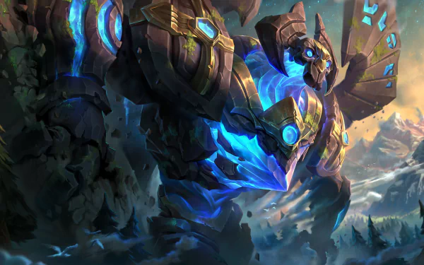 HD PC desktop wallpaper of Galio from the video game League of Legends — a towering stone sentinel glowing with blue magic, striding over a shattered battlefield.
