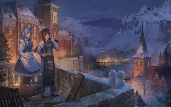 Anime Touhou 2K wallpaper: Hong Meiling and Sakuya Izayoi on a snowy rooftop at night, overlooking a lit mountain castle and two snowmen.